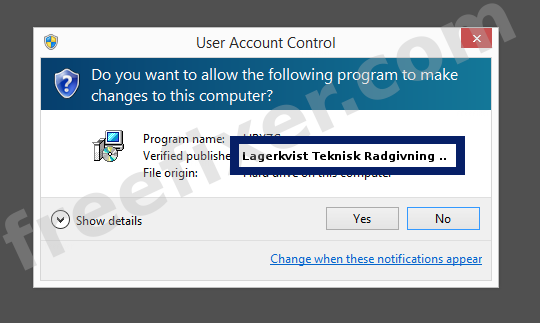 Screenshot where Lagerkvist Teknisk Radgivning i Boras HB appears as the verified publisher in the UAC dialog